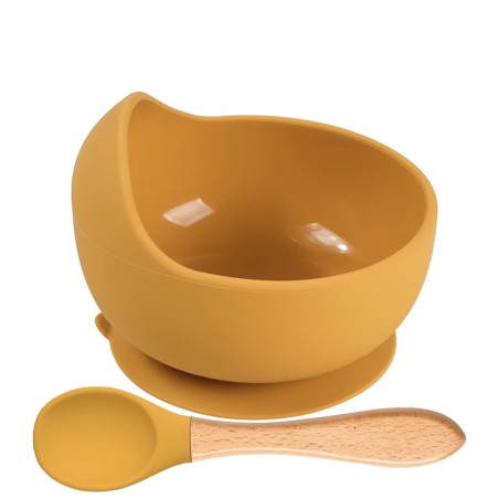 Bol en silicone et cuillère en bois, repas des enfants