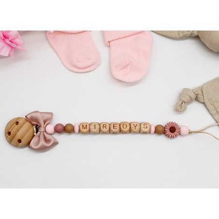 Attache tétine personnalisée, noeud et bois. Silicone, cadeau naissance, bébé.