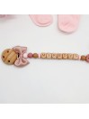 Attache tétine personnalisée, noeud et bois. Silicone, cadeau naissance, bébé.