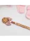 Attache tétine personnalisée, noeud et bois. Silicone, cadeau naissance, bébé.