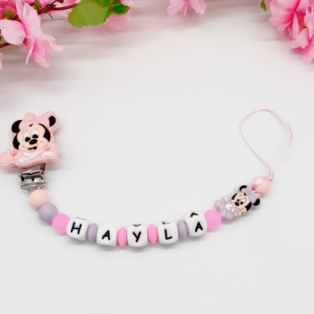 Attache tétine personnalisée, Bébé Minnie. Silicone, cadeau naissance, bébé.