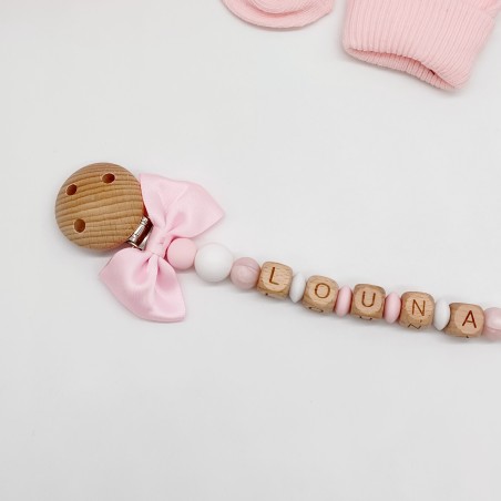 Attache tétine personnalisée, noeud et bois. Silicone, cadeau naissance, bébé.