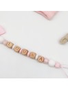 Attache tétine personnalisée, noeud et bois. Silicone, cadeau naissance, bébé.