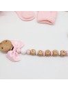 Attache tétine personnalisée, noeud et bois. Silicone, cadeau naissance, bébé.