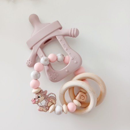 Anneau de dentition personnalisée, hochet, silicone et bois naturel. Cadeau naissance, bébé, Panpan.