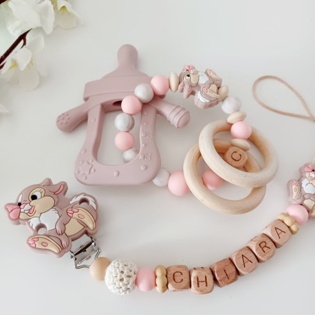 Coffret attache tétine et anneau-hochet personnalisés, bois naturel. Cadeau naissance, bébé, Panpan.