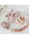 Coffret attache tétine et anneau-hochet personnalisés, bois naturel. Cadeau naissance, bébé, Panpan.