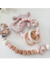 Coffret attache tétine et anneau-hochet personnalisés, bois naturel. Cadeau naissance, bébé, Panpan.