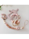 Coffret attache tétine et anneau-hochet personnalisés, bois naturel. Cadeau naissance, bébé, Panpan.