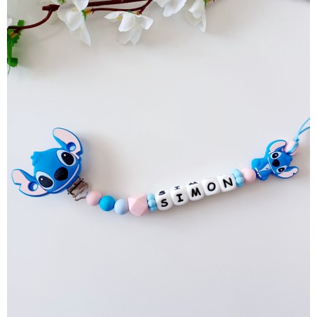 Attache tétine personnalisée, Stitch. Silicone, cadeau naissance, bébé.