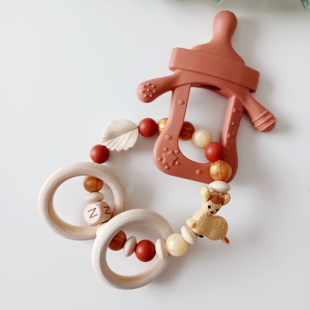 Coffret attache tétine et anneau-hochet personnalisés, bois naturel. Cadeau naissance, bébé, Bambi.