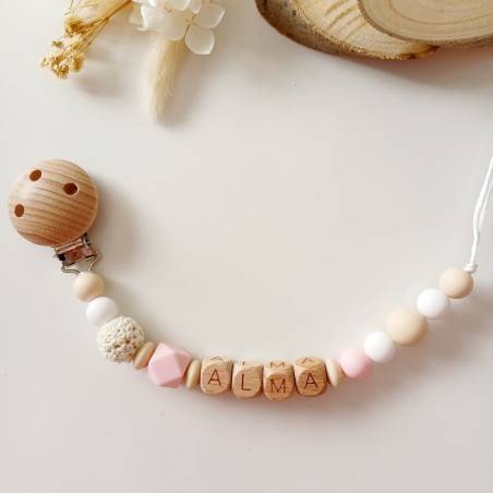 Attache tétine personnalisée, bois naturel. Silicone, cadeau naissance, bébé, Neutral Poudré