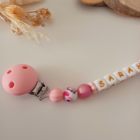 Attache tétine personnalisée, silicone, cadeau naissance, bébé, Rose Fleurs