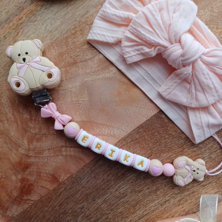 Attache tétine personnalisée, silicone, cadeau naissance, bébé, Erika