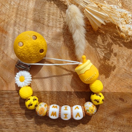 Attache tétine personnalisée, silicone, cadeau naissance, bébé, Abeilles