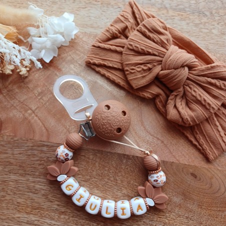 Attache tétine personnalisée, silicone, cadeau naissance, bébé, Marron