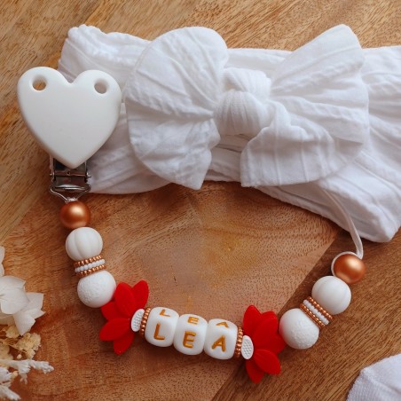 Attache tétine personnalisée, silicone, cadeau naissance, bébé, Blanc-rouge
