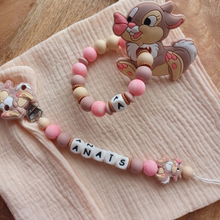 Attache tétine personnalisée, silicone, cadeau naissance, bébé, Miss Bunny