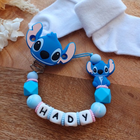 Attache tétine personnalisée, silicone, cadeau naissance, Stitch.
