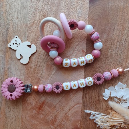 Attache tétine personnalisée, silicone, cadeau naissance, bébé, Fleur Blush