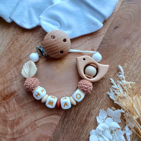Attache sucette personnalisée, silicone, cadeau naissance, bébé, Oiseau