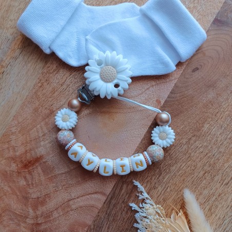 Attache sucette personnalisée, silicone, cadeau naissance, bébé, Fleur Blanche