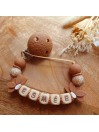 Attache tétine personnalisée, silicone, cadeau naissance, bébé, Marron