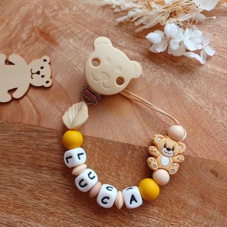 Attache sucette personnalisée, attache tétine, cadeau naissance, bébé, Ours beige