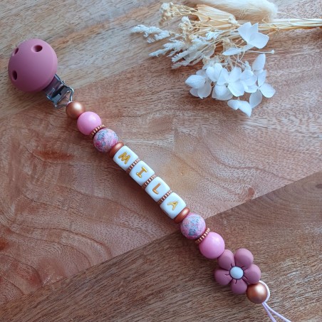 Attache sucette personnalisée - Fleur vieux rose - silicone cuivré - cadeau bébé