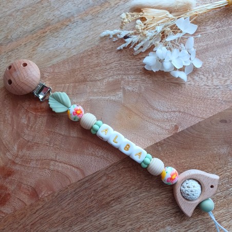 Attache sucette personnalisée - Silicone bois Oiseau - perles fantaisie - cadeau bébé