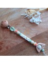 Attache sucette personnalisée - Silicone bois Oiseau - perles fantaisie - cadeau bébé