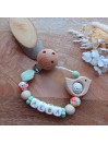 Attache sucette personnalisée - Silicone bois Oiseau - perles fantaisie - cadeau bébé