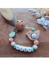 Attache sucette personnalisée - Silicone bois Oiseau - perles fantaisie - cadeau bébé