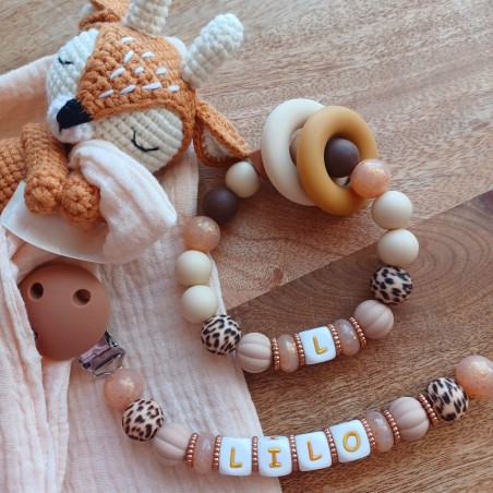 Attache sucette personnalisée, Beige, marron paillettes, lèopard, prénom.