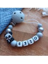 Attache tétine personnalisée, Panda gris argenté, attache sucette, cadeau bébé.
