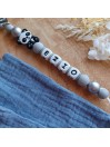 Attache tétine personnalisée, Panda gris argenté, attache sucette, cadeau bébé.