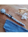 Attache tétine personnalisée, Panda gris argenté, attache sucette, cadeau bébé.