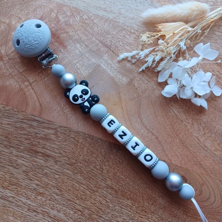 Attache tétine personnalisée, Panda gris argenté, attache sucette, cadeau bébé.