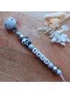 Attache tétine personnalisée, Panda gris argenté, attache sucette, cadeau bébé.