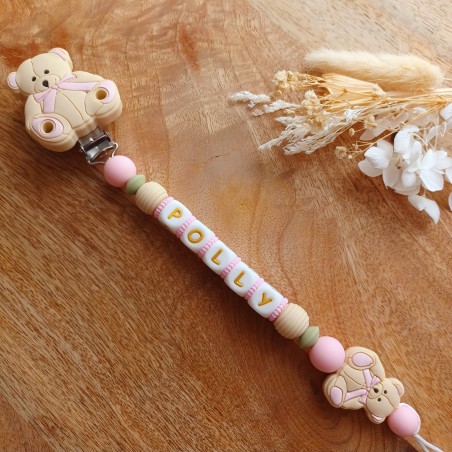 Attache tétine personnalisée, Oursonne marron beige rose, attache sucette, cadeau bébé.