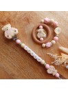 Attache tétine personnalisée, Oursonne marron beige rose, attache sucette, cadeau bébé.