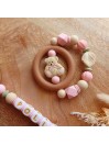Attache tétine personnalisée, Oursonne marron beige rose, attache sucette, cadeau bébé.
