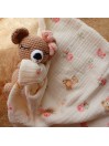 Doudou Oursonne en gaze de cotton. Cadeau de naissance. Beige - Rose