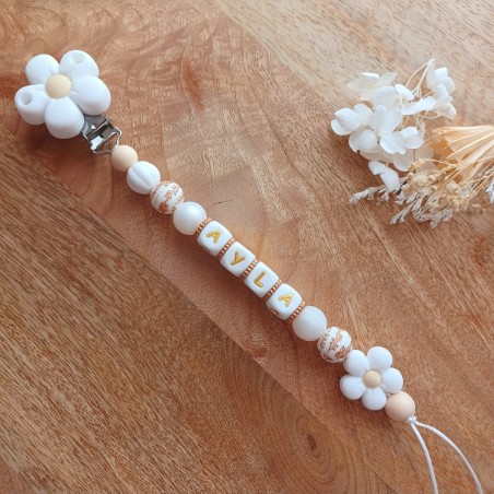 Attache sucette personnalisée en silicone, Blanc Beige fleur , prénom.