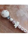 Attache sucette personnalisée en silicone, Crème blanc fleur de lotus, prénom.