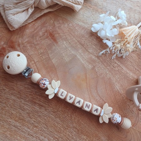 Attache sucette personnalisée en silicone, Crème blanc fleur de lotus, prénom.