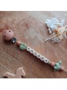 Attache sucette personnalisée en silicone, Dinosaure vert sage camel, cadeau jeunes parents.