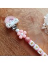 Attache sucette personnalisée en silicone, arc en ciel, fleur rose fille, prénom enfant.
