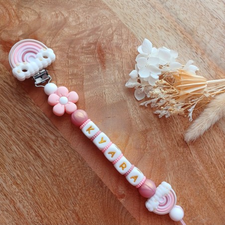 Attache sucette personnalisée en silicone, arc en ciel, fleur rose fille, prénom enfant.