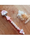 Attache sucette personnalisée en silicone, arc en ciel, fleur rose fille, prénom enfant.